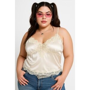 Vintage Victoria's Secret Beige Lace Trim Satin Cami Tank Top Y2K 90's Medium